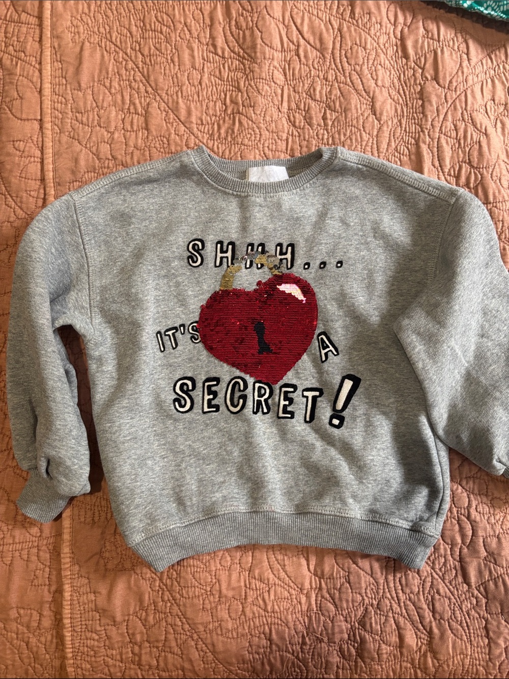 Zara Kids Gray Sweatshirt with Sequin Red Heart - "Shh... It's a Secret!"